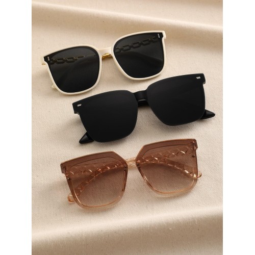 3pcs Classic Women's Large Frame Plastic Sunglasses Set In Black, Beige, Brown For Summer Travel