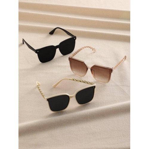 3pcs Classic Women's Large Frame Plastic Sunglasses Set In Black, Beige, Brown For Summer Travel