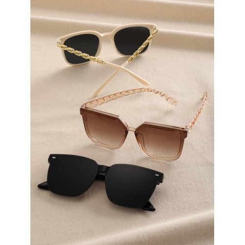 3pcs Classic Women's Large Frame Plastic Sunglasses Set In Black, Beige, Brown For Summer Travel