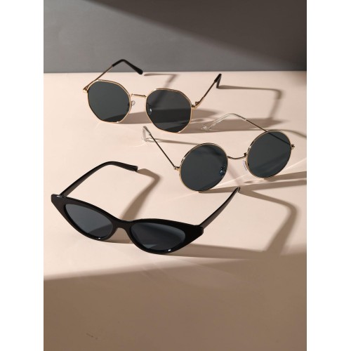 5 Pairs Women Plastics Rectangle Cat Eye Oval Frame Metal Circular Black Glasses Fashion Sunglasses  For Daily Life And Driving