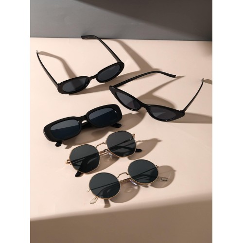 5 Pairs Women Plastics Rectangle Cat Eye Oval Frame Metal Circular Black Glasses Fashion Sunglasses  For Daily Life And Driving