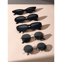 5 Pairs Women Plastics Rectangle Cat Eye Oval Frame Metal Circular Black Glasses Fashion Sunglasses  For Daily Life And Driving