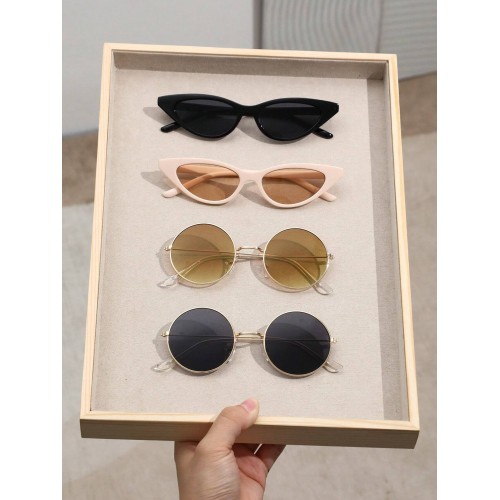 4pcs Geometric Frame Circle Boho Black Tawny Sunglasses Plastic Copper For Women Outdoor Travel UV Protection Accessories